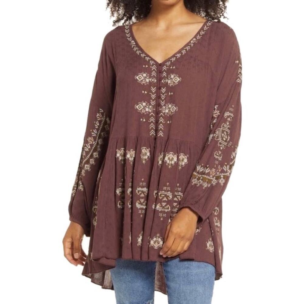 Free People Arianna Embroidered Tunic Bark Size XS